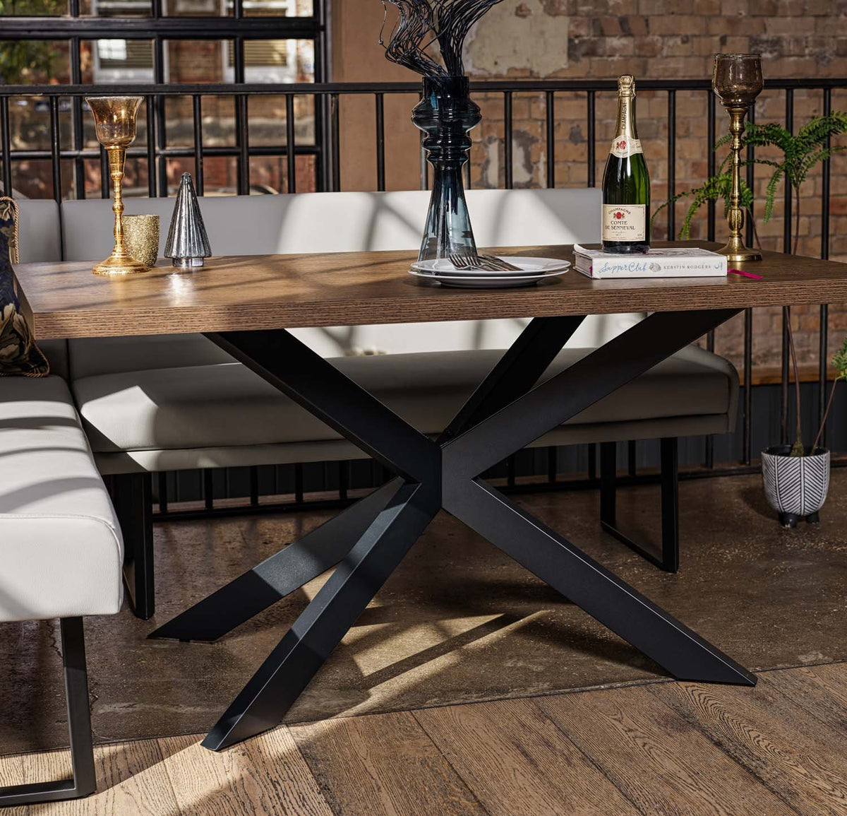 Jupiter Dining Set - Dark Oak - With RHF Corner Bench & Low Bench in Light Grey