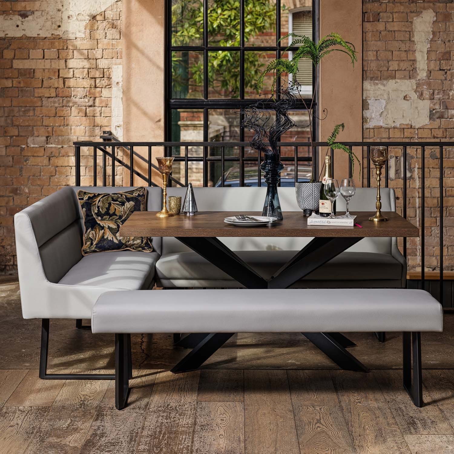 Jupiter Dining Set - Dark Oak - With RHF Corner Bench & Low Bench in Light Grey
