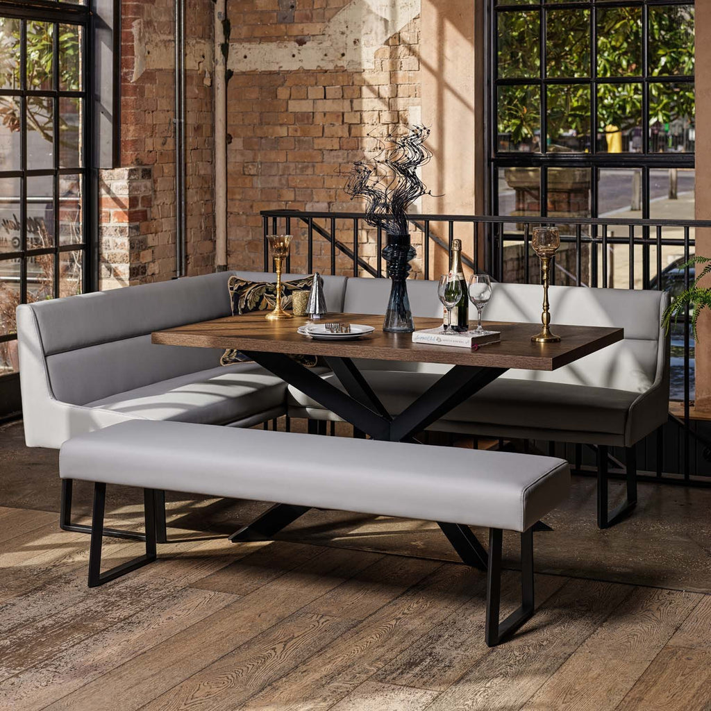 Jupiter Dining Set - Dark Oak - With RHF Corner Bench & Low Bench in Light Grey
