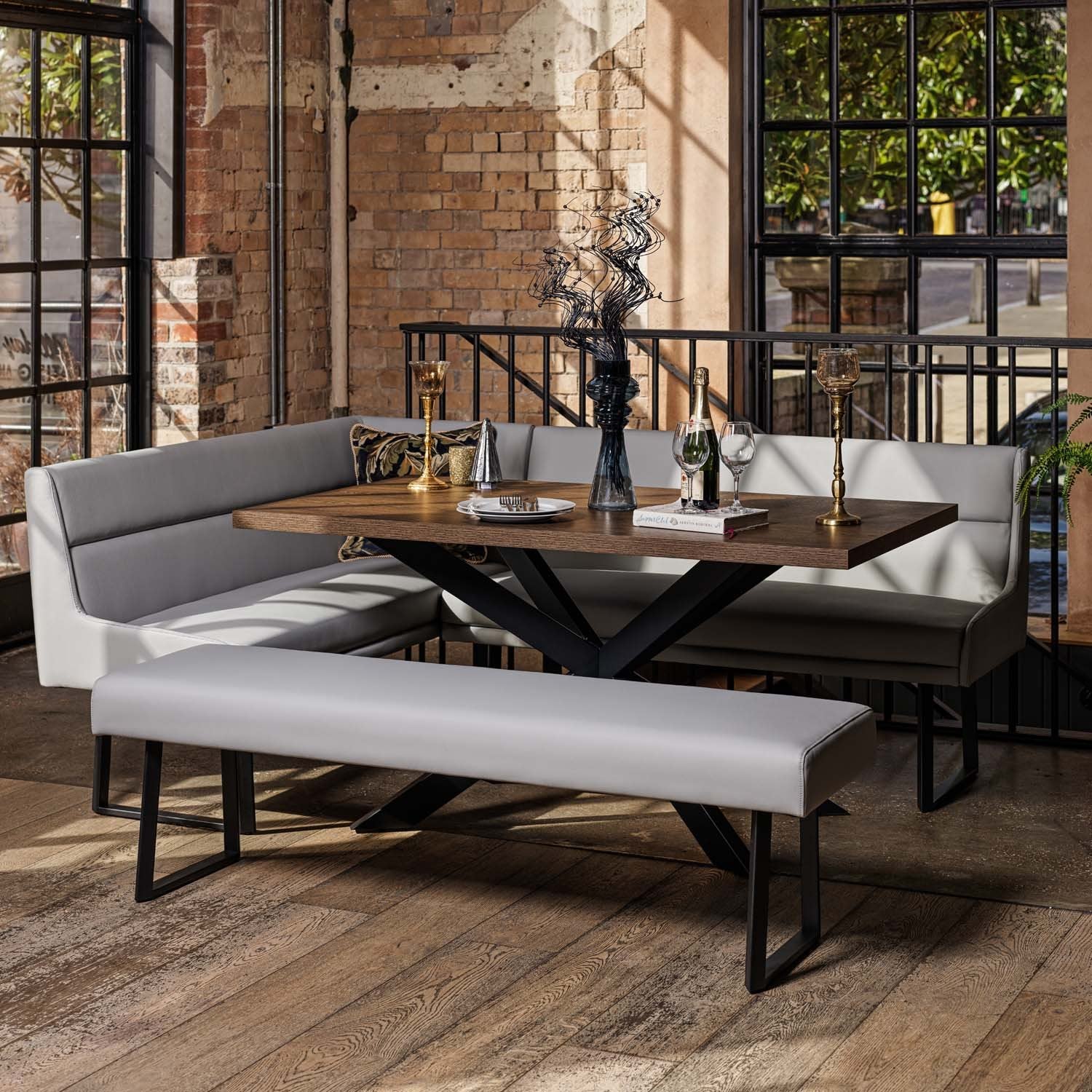 Jupiter Dining Set - Dark Oak - With RHF Corner Bench & Low Bench in Light Grey