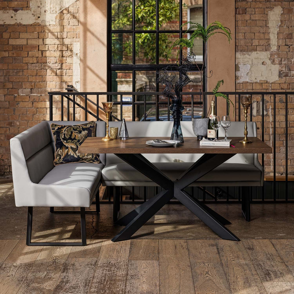 Jupiter Dining Set - Dark Oak - With RHF Corner Bench & Low Bench in Light Grey
