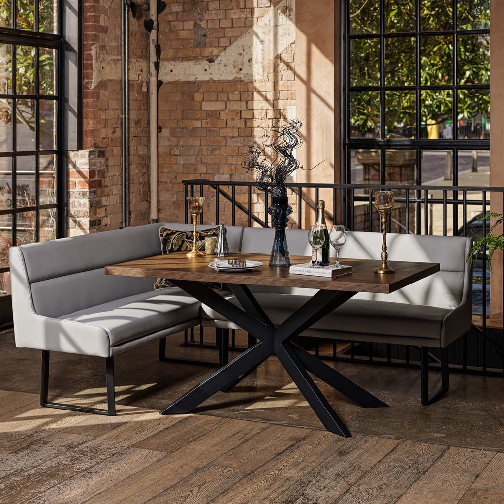 Jupiter Dining Set - Dark Oak - With RHF Corner Bench & Low Bench in Light Grey