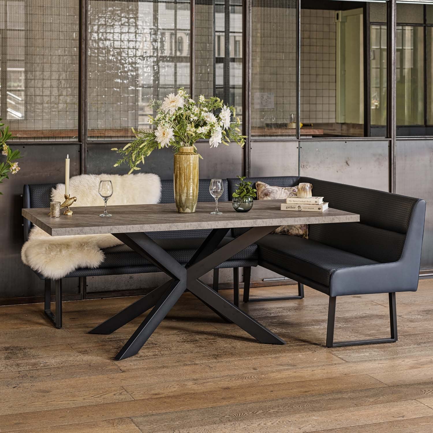 Jupiter Dining Set - Faux Concrete - With LHF Corner Bench in Blue