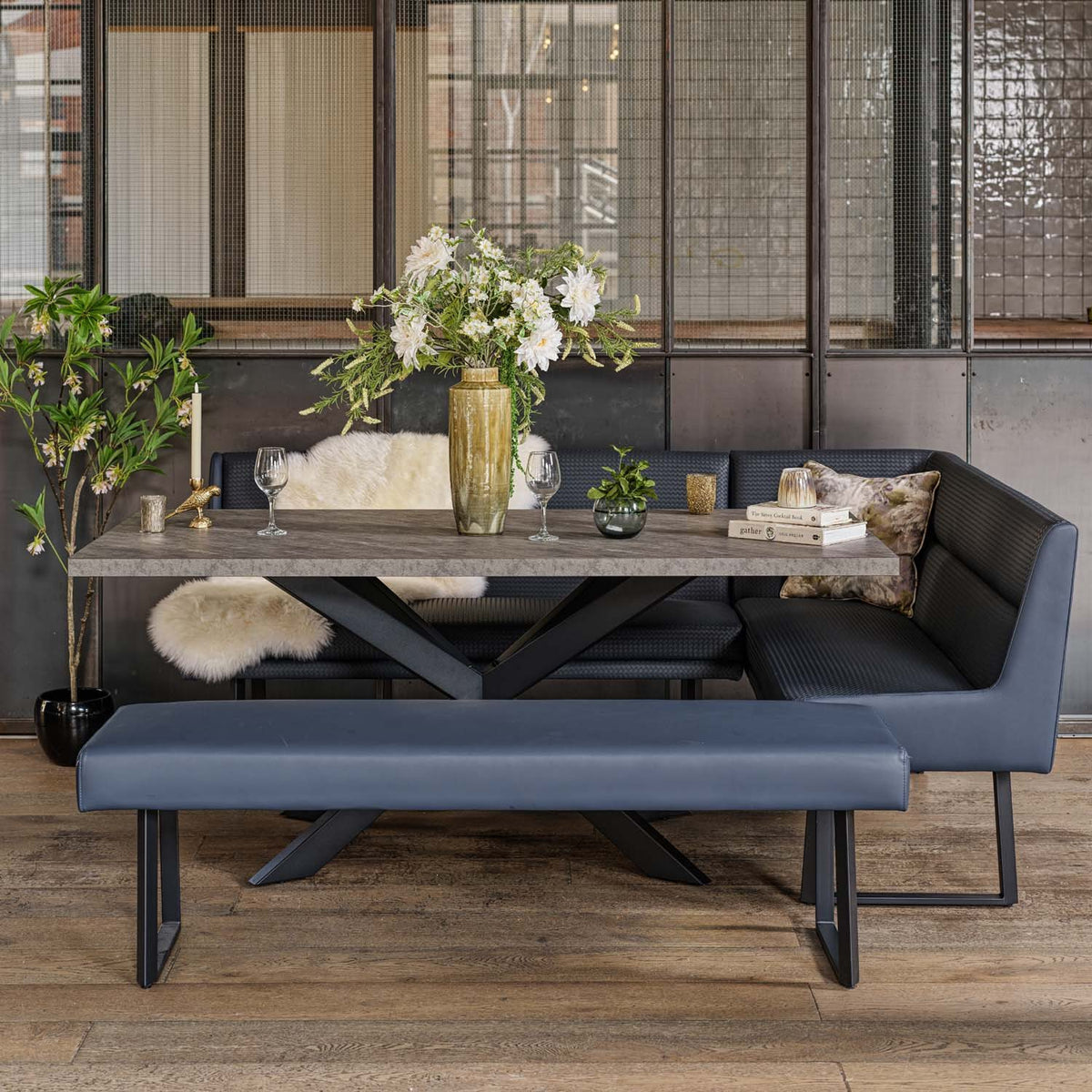 Jupiter Dining Set - Faux Concrete - With LHF Corner Bench & Low Bench in Blue