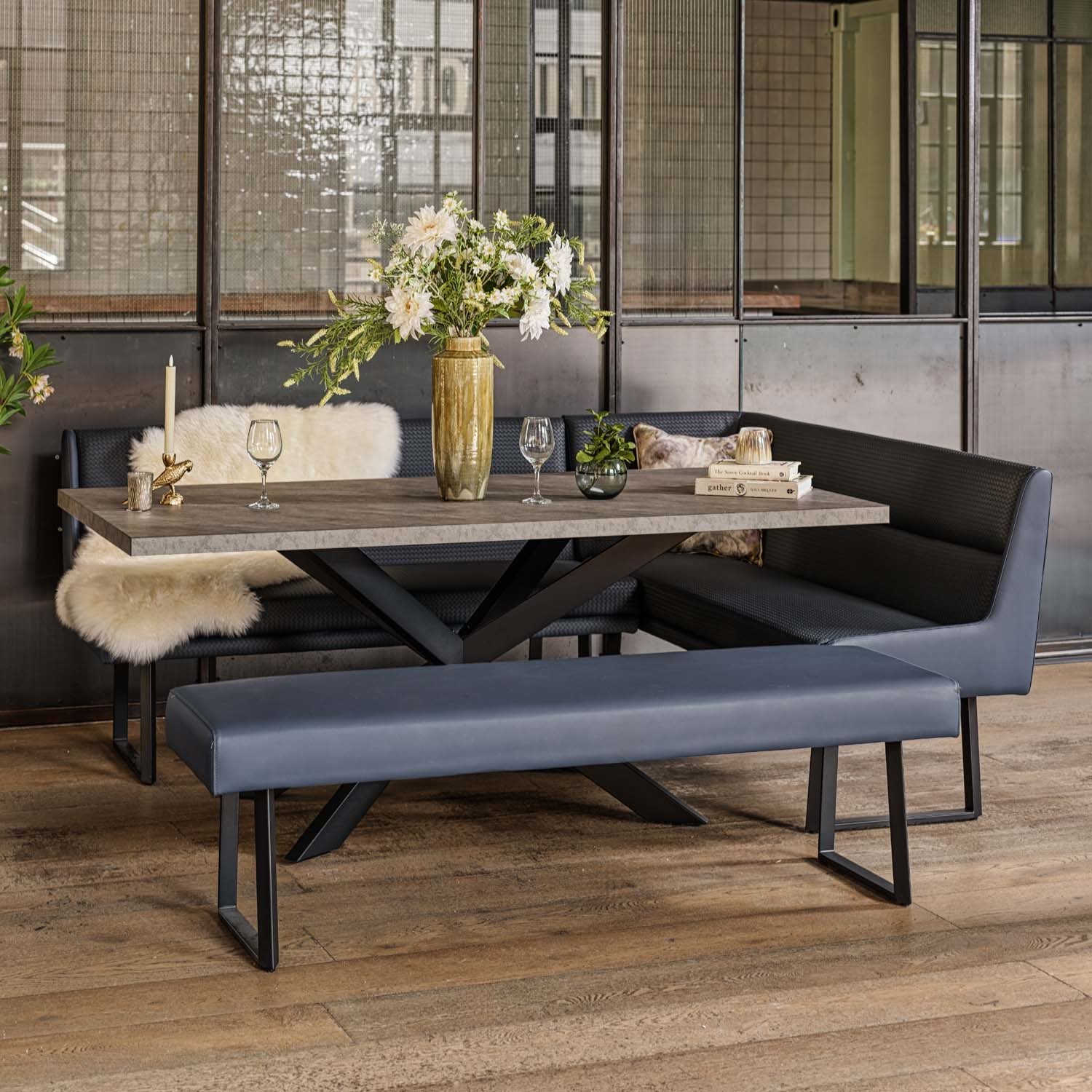 Jupiter Dining Set - Faux Concrete - With LHF Corner Bench & Low Bench in Blue