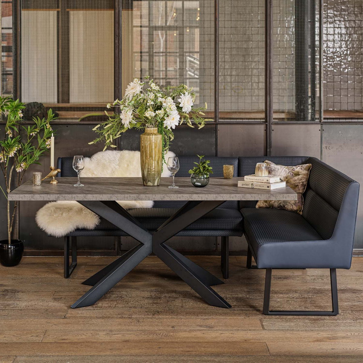 Jupiter Dining Set - Faux Concrete - With LHF Corner Bench & Low Bench in Blue