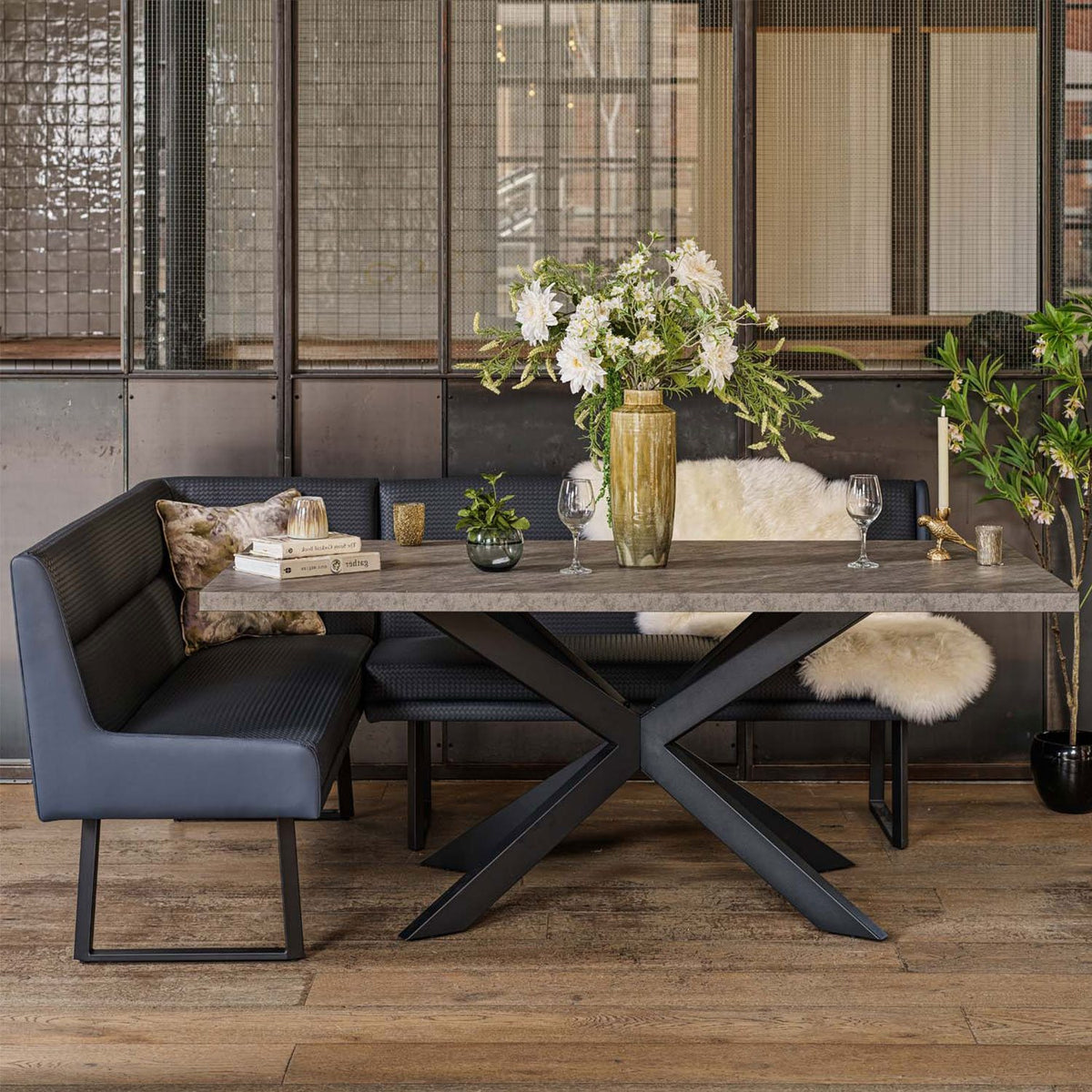 Jupiter Dining Set - Faux Concrete - With RHF Corner Bench in Blue