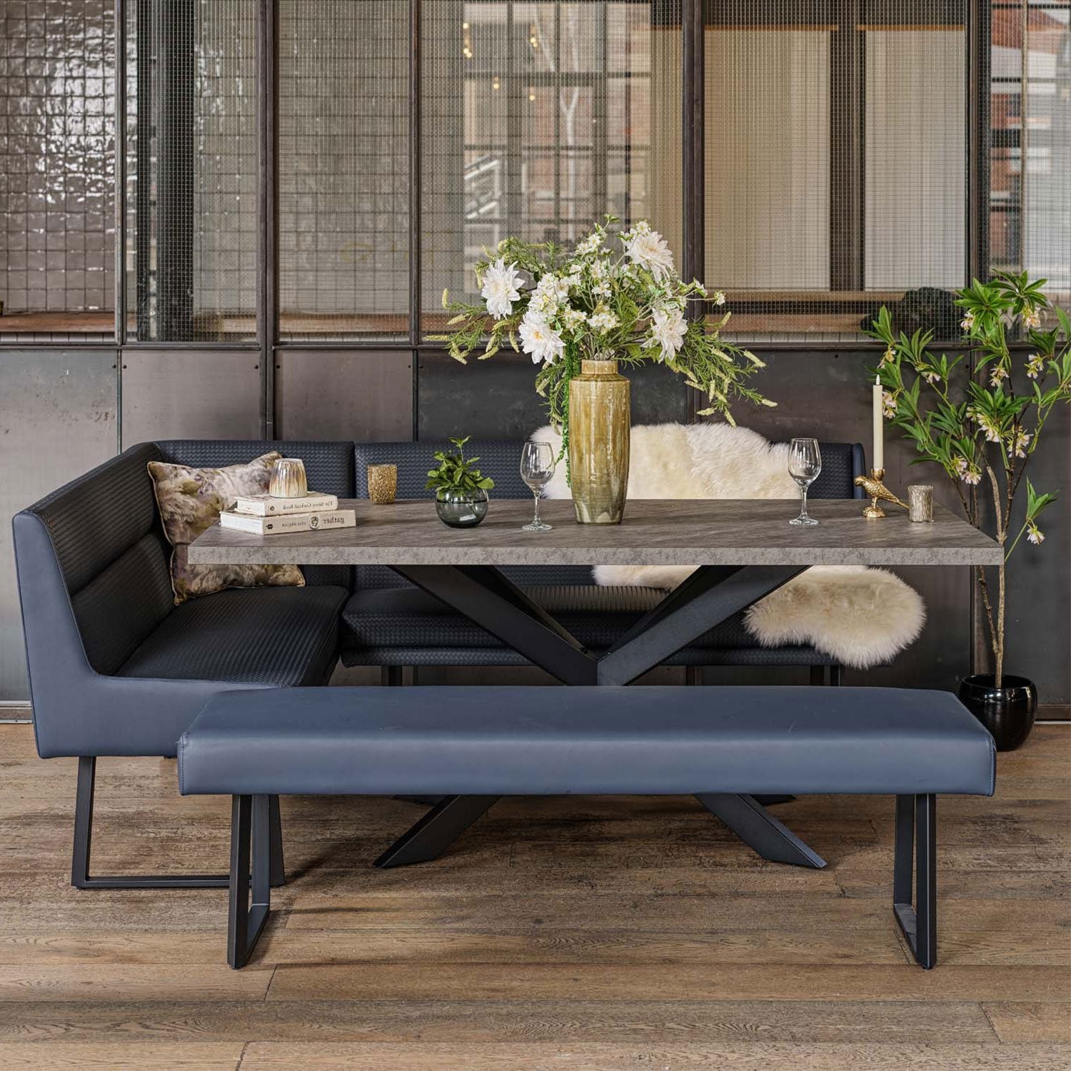 Jupiter Dining Set - Faux Concrete - With RHF Corner Bench & Low Bench in Blue