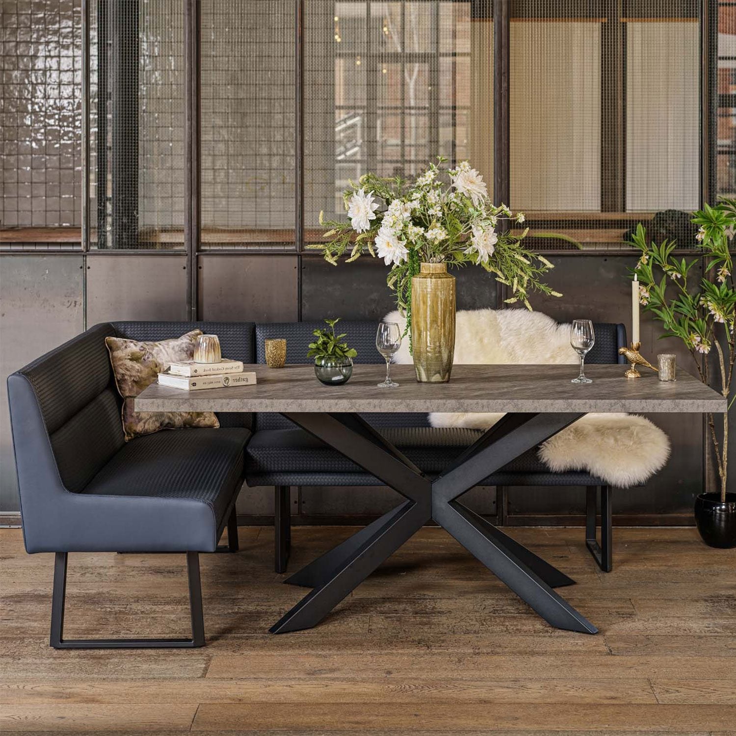 Jupiter Dining Set - Faux Concrete - With RHF Corner Bench & Low Bench in Blue