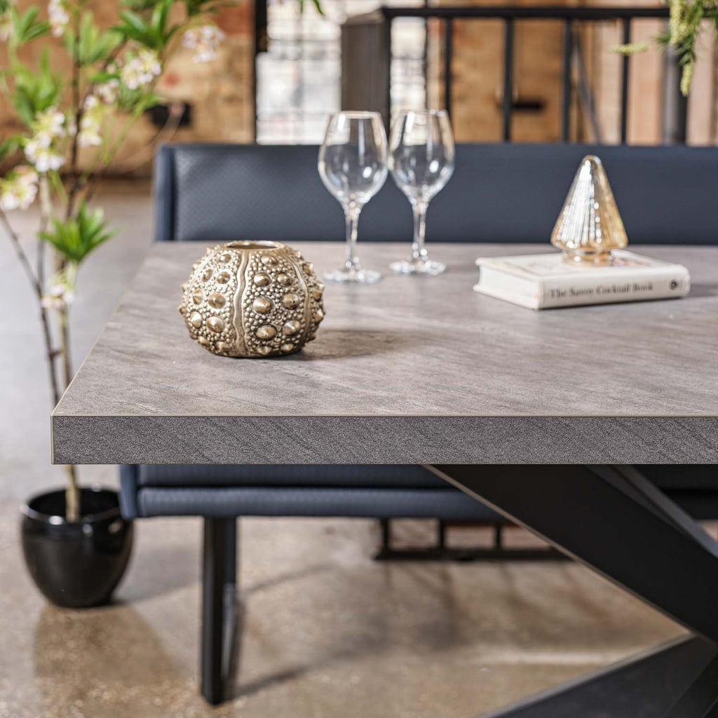 Jupiter Dining Set - Faux Concrete - With RHF Corner Bench & Low Bench in Blue