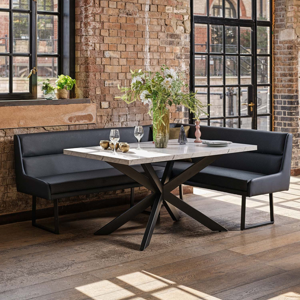 Jupiter Dining Set - Marble Effect - With LHF Corner Bench in Blue