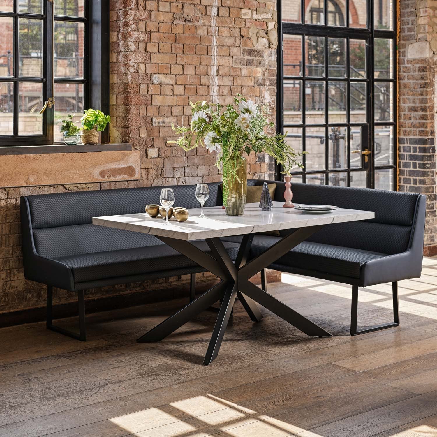 Jupiter Dining Set - Marble Effect - With LHF Corner Bench in Blue