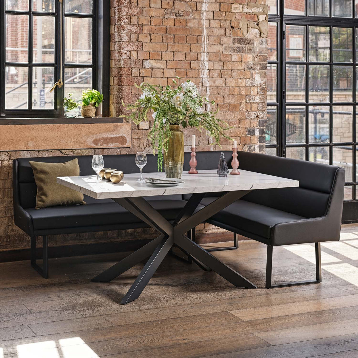 Jupiter Dining Set - Marble Effect - With LHF Corner Bench in Black