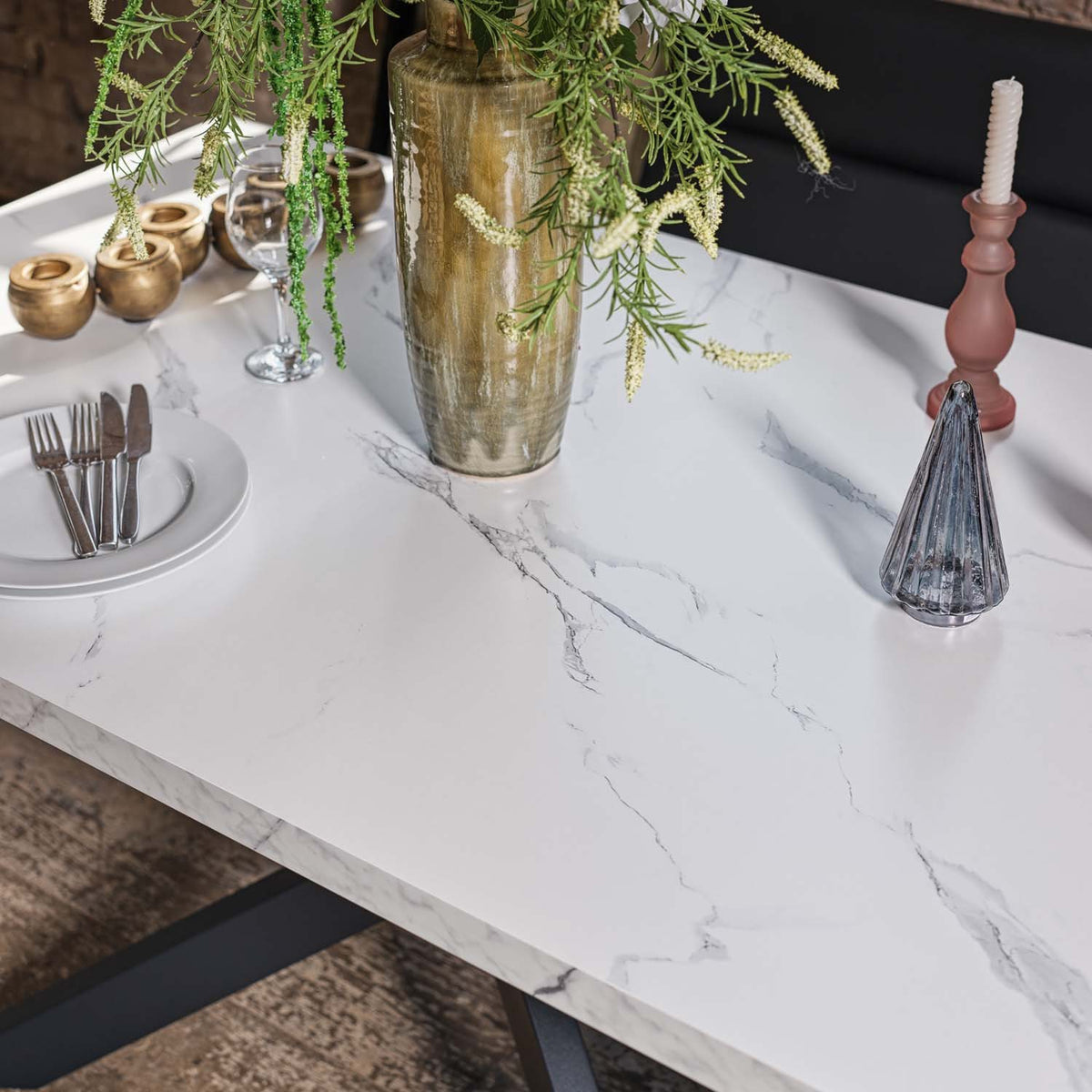 Jupiter Dining Set - Marble Effect - With LHF Corner Bench in Black