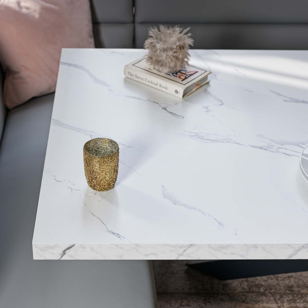 Jupiter Dining Set - Marble Effect - With LHF Corner Bench in Light Grey