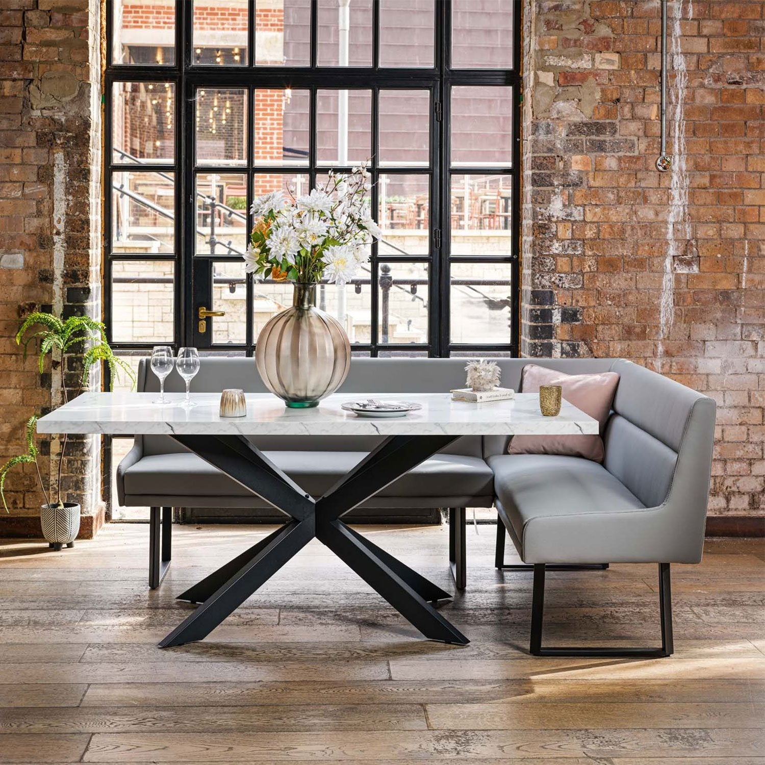 Jupiter Dining Set - Marble Effect - With LHF Corner Bench in Light Grey