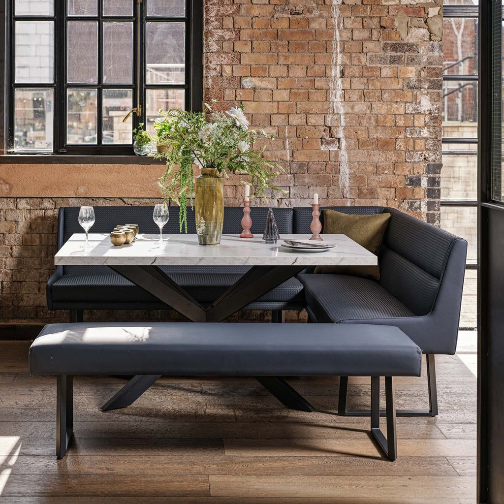 Jupiter Dining Set - Marble Effect - With LHF Corner Bench & Low Bench in Blue