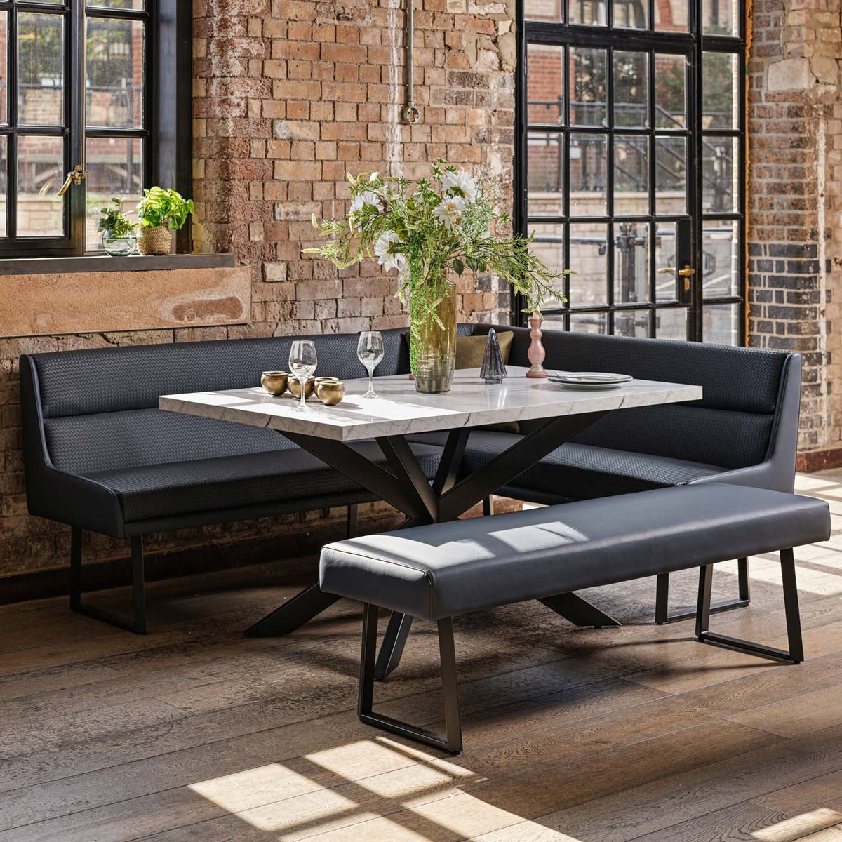 Jupiter Dining Set - Marble Effect - With LHF Corner Bench & Low Bench in Blue