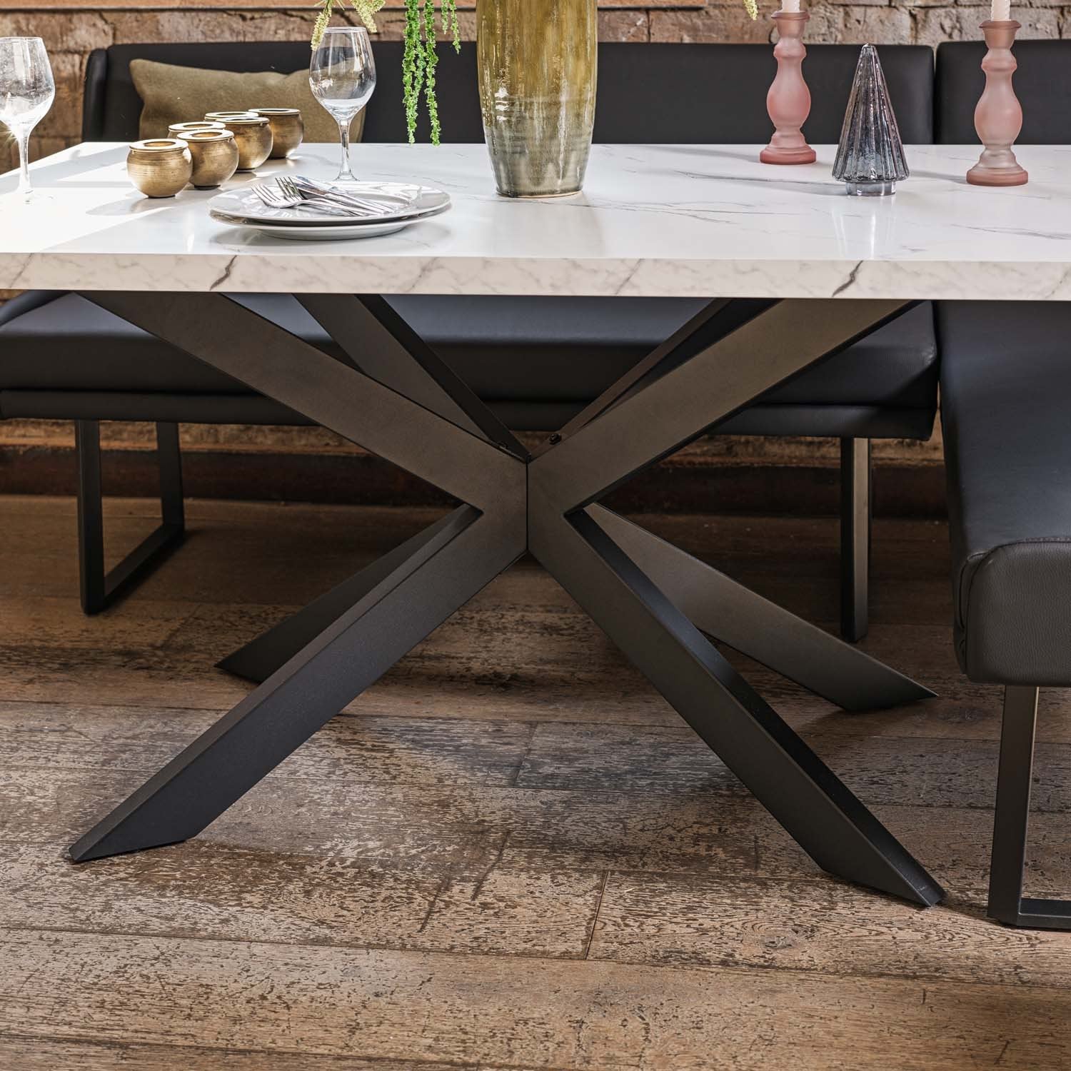 Jupiter Dining Set - Marble Effect - With LHF Corner Bench & Low Bench in Black