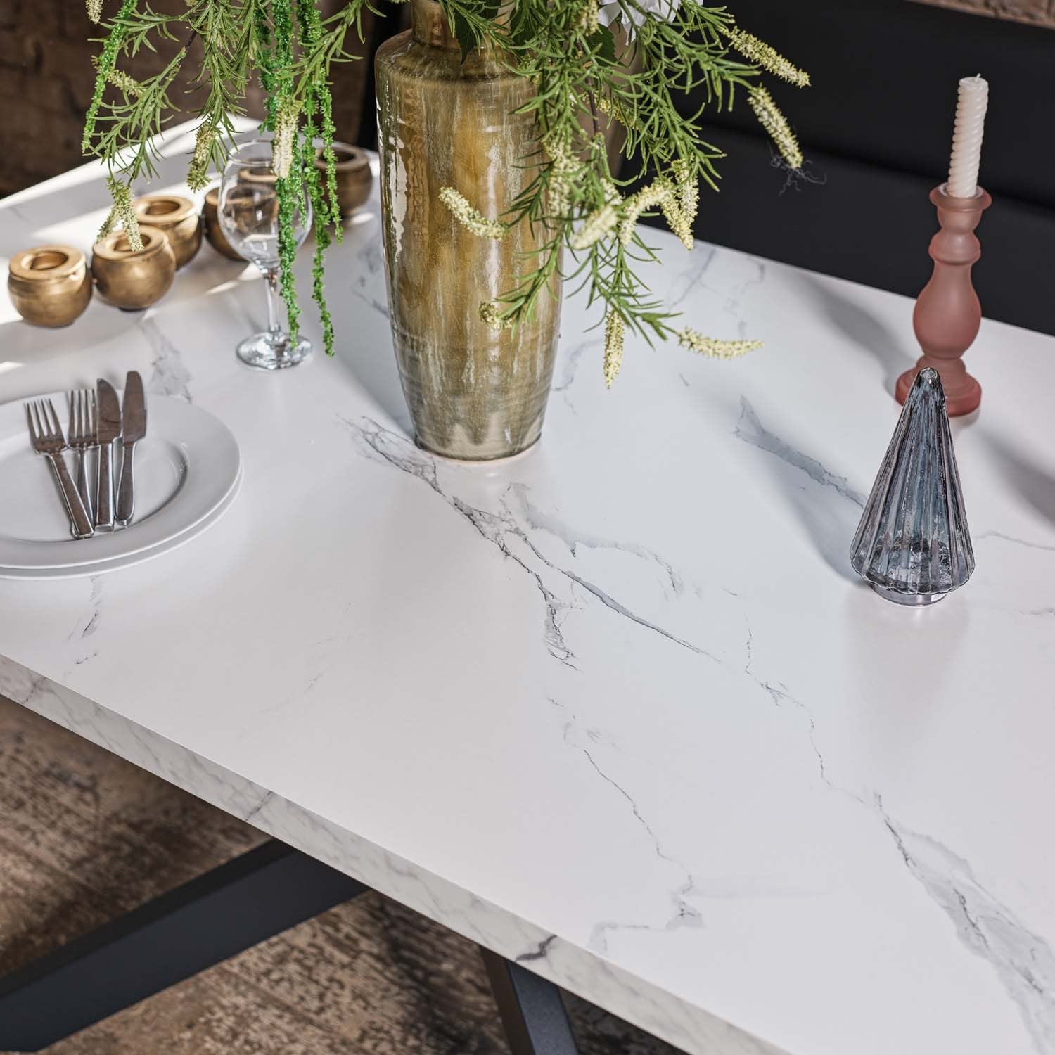 Jupiter Dining Set - Marble Effect - With LHF Corner Bench & Low Bench in Black