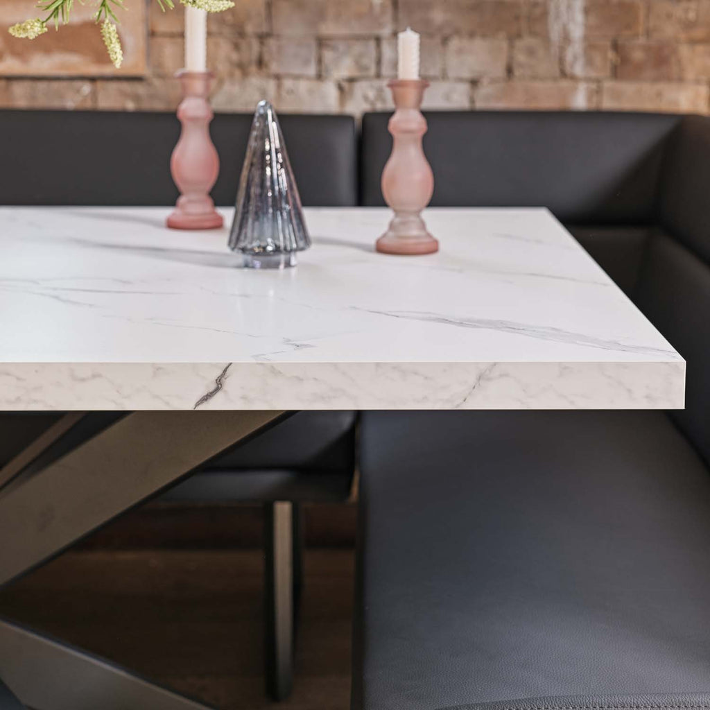 Jupiter Dining Set - Marble Effect - With LHF Corner Bench & Low Bench in Black