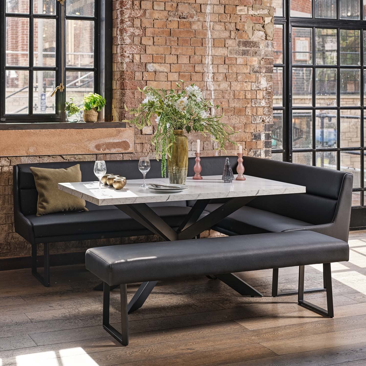 Jupiter Dining Set - Marble Effect - With LHF Corner Bench & Low Bench in Black