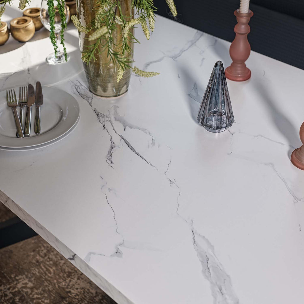 Jupiter Dining Set - Marble Effect - With RHF Corner Bench in Blue