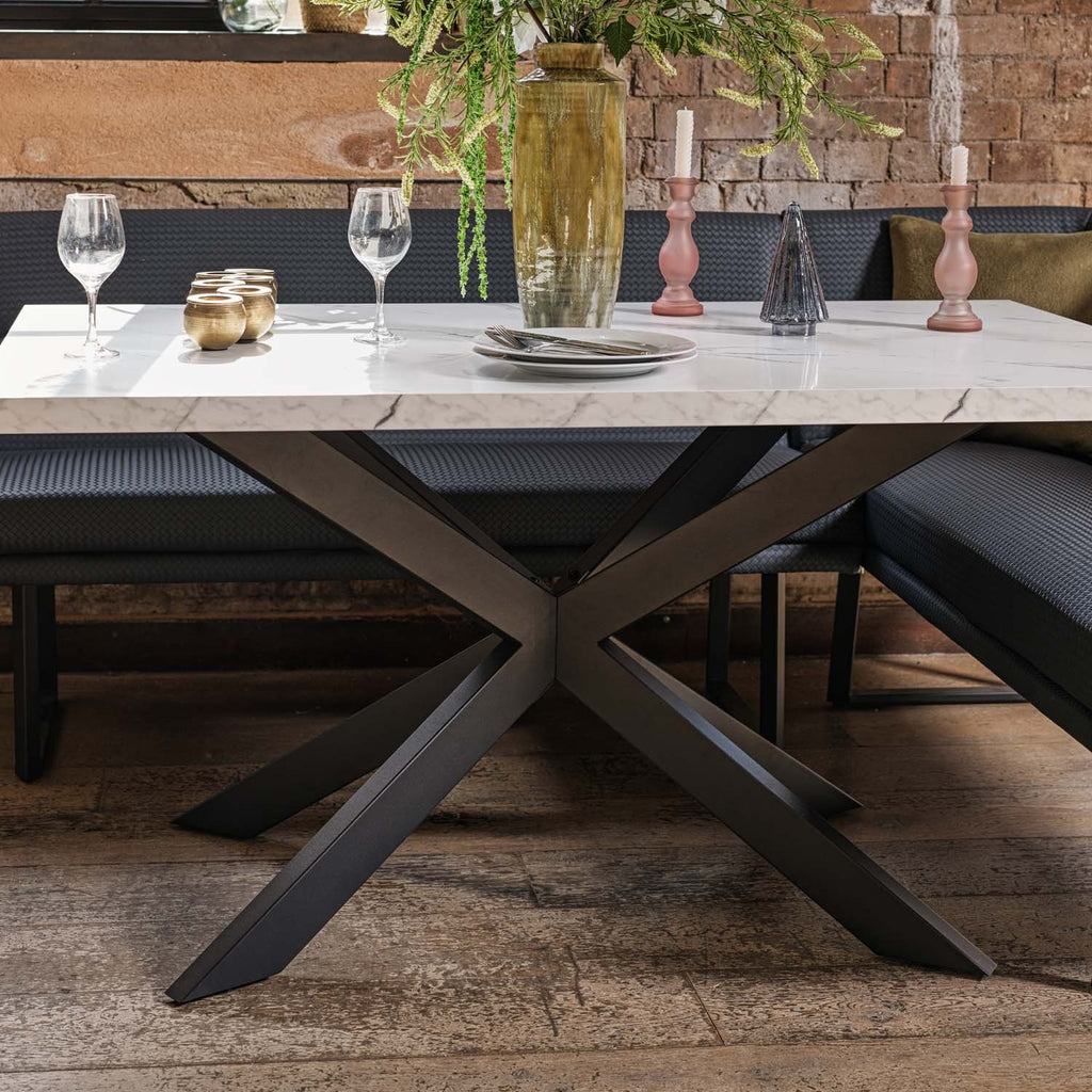 Jupiter Dining Set - Marble Effect - With RHF Corner Bench in Blue