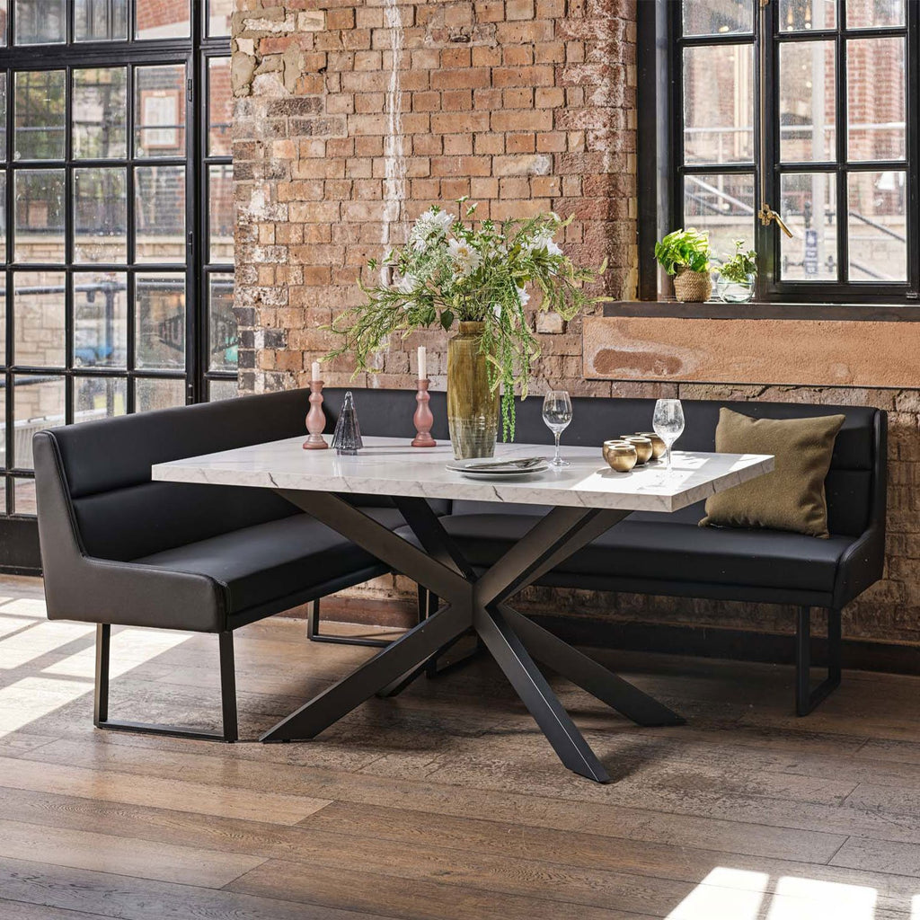 Jupiter Dining Set - Marble Effect - With RHF Corner Bench in Black