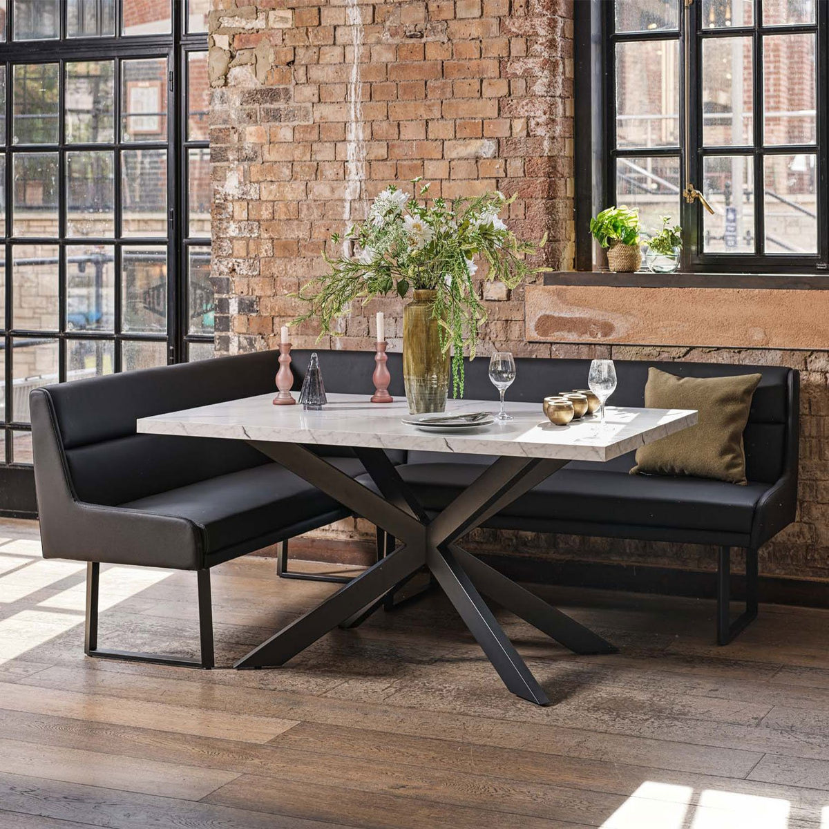 Jupiter Dining Set - Marble Effect - With RHF Corner Bench in Black