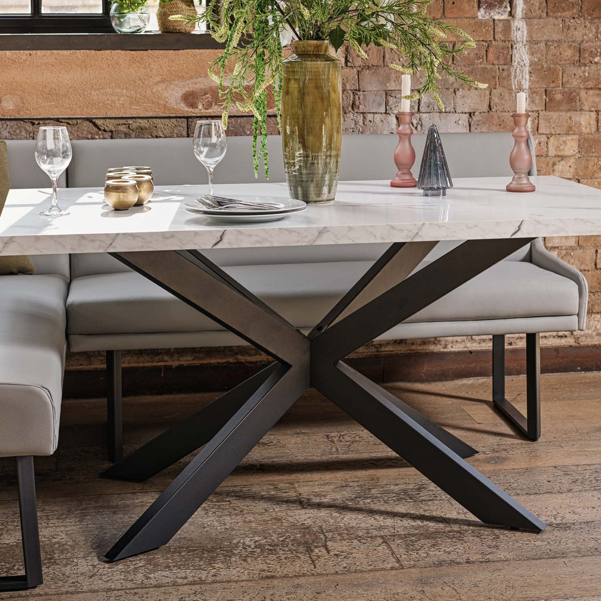 Jupiter Dining Set - Marble Effect - With RHF Corner Bench in Light Grey