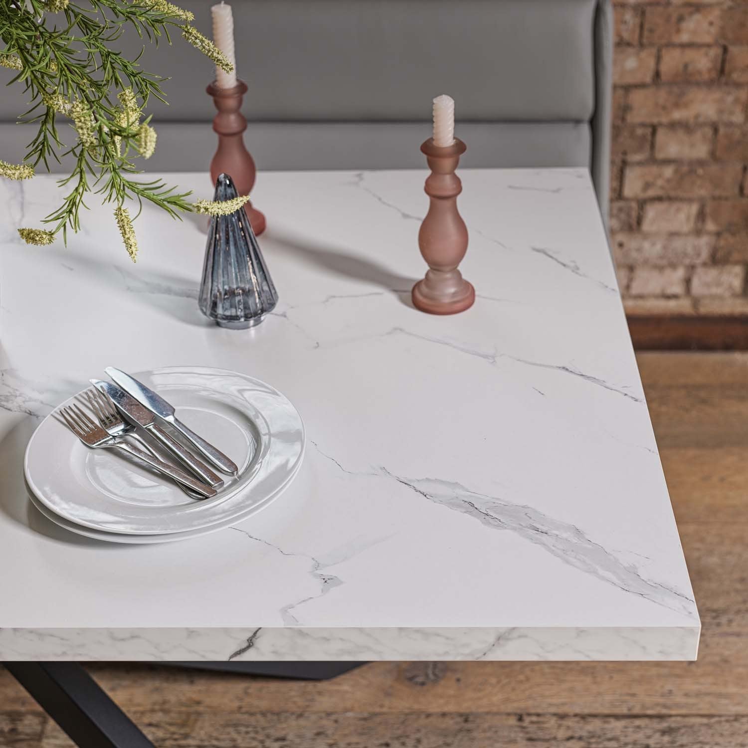 Jupiter Dining Set - Marble Effect - With RHF Corner Bench in Light Grey