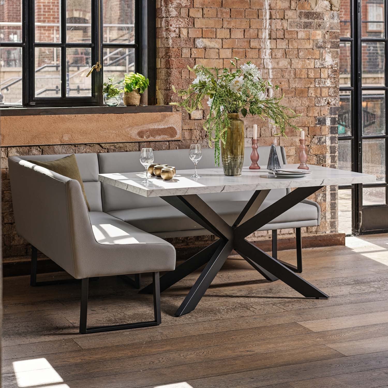 Jupiter Dining Set - Marble Effect - With RHF Corner Bench in Light Grey