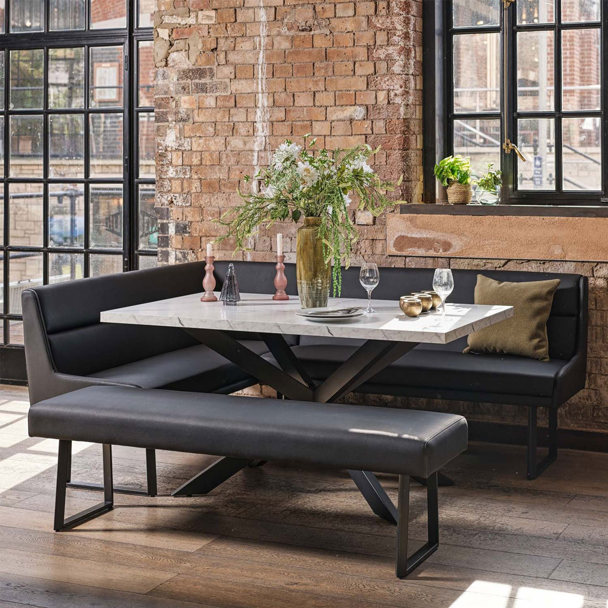 Jupiter Dining Set - Marble Effect - With RHF Corner Bench & Low Bench in Black