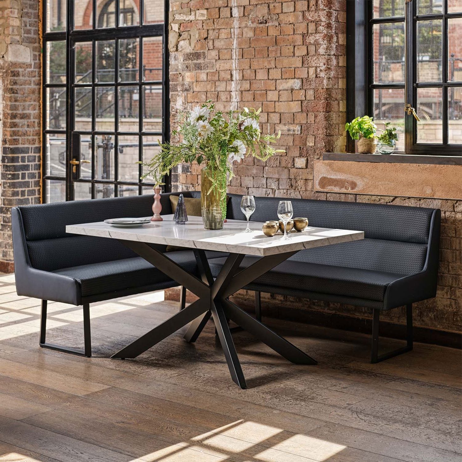 Jupiter Dining Set - Marble Effect - With RHF Corner Bench & Low Bench in Black