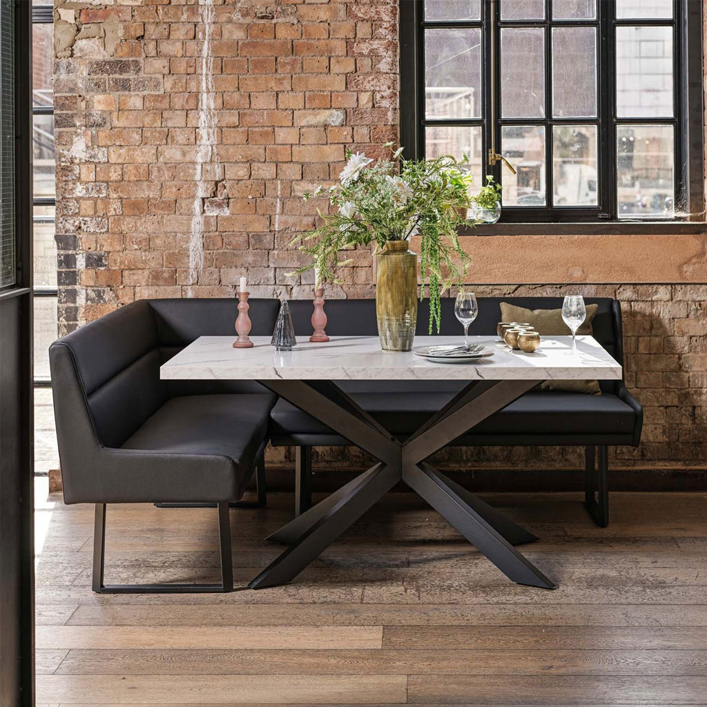 Jupiter Dining Set - Marble Effect - With RHF Corner Bench & Low Bench in Black