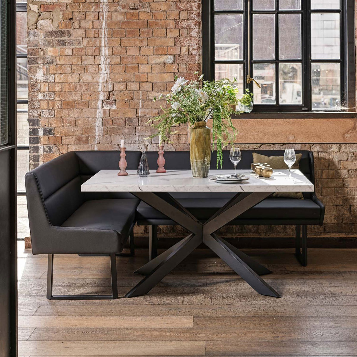 Jupiter Dining Set - Marble Effect - With RHF Corner Bench & Low Bench in Black