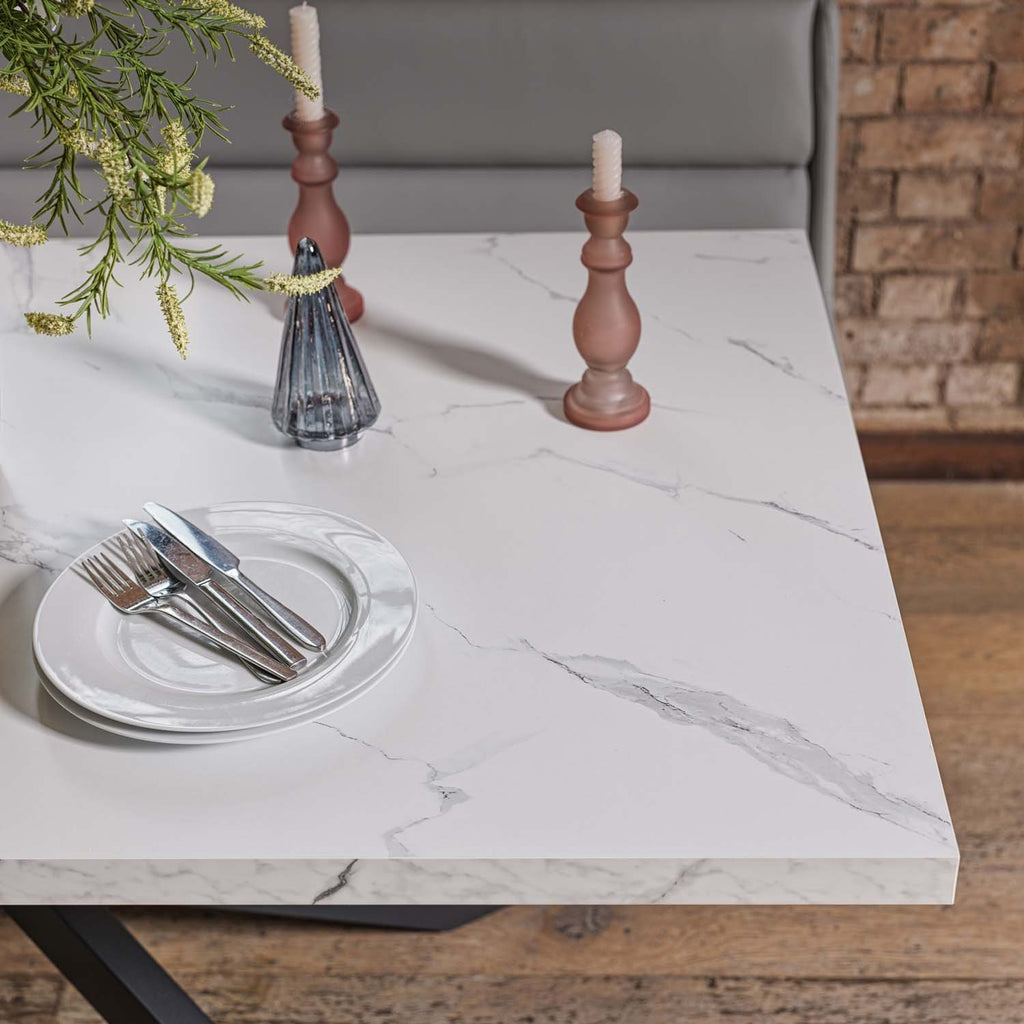 Jupiter Dining Set - Marble Effect - With RHF Corner Bench & Low Bench in Light Grey