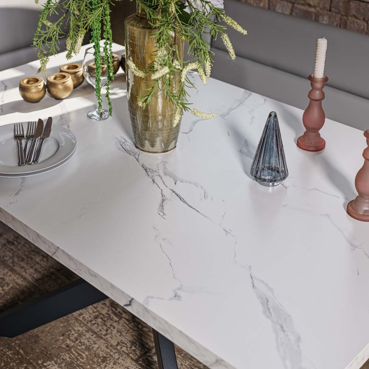 Jupiter Dining Set - Marble Effect - With RHF Corner Bench & Low Bench in Light Grey