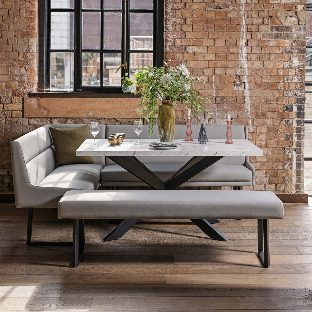 Jupiter Dining Set - Marble Effect - With RHF Corner Bench & Low Bench in Light Grey