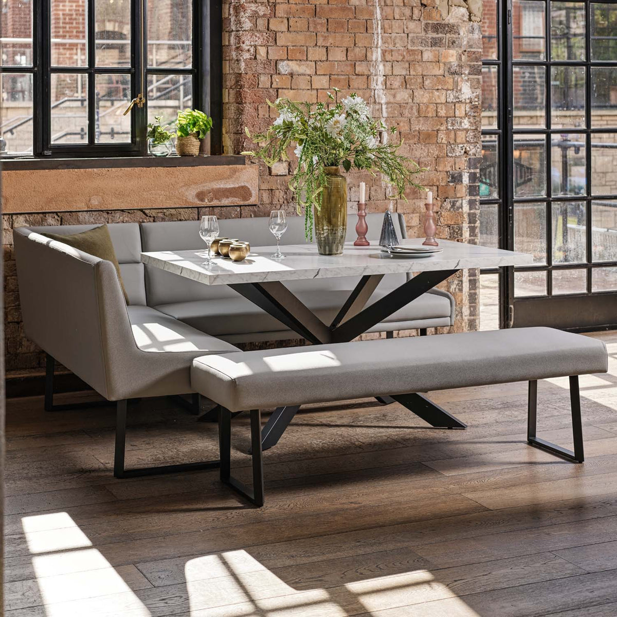 Jupiter Dining Set - Marble Effect - With RHF Corner Bench & Low Bench in Light Grey