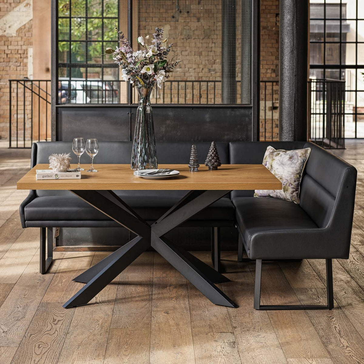 Jupiter Dining Set - Smoked Oak - With LHF Corner Bench in Black