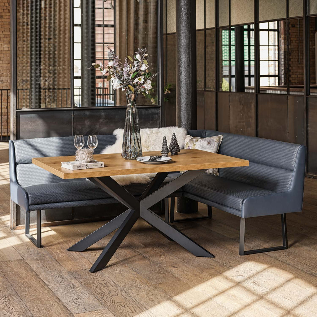 Jupiter Dining Set - Smoked Oak - With LHF Corner Bench & Low Bench in Blue