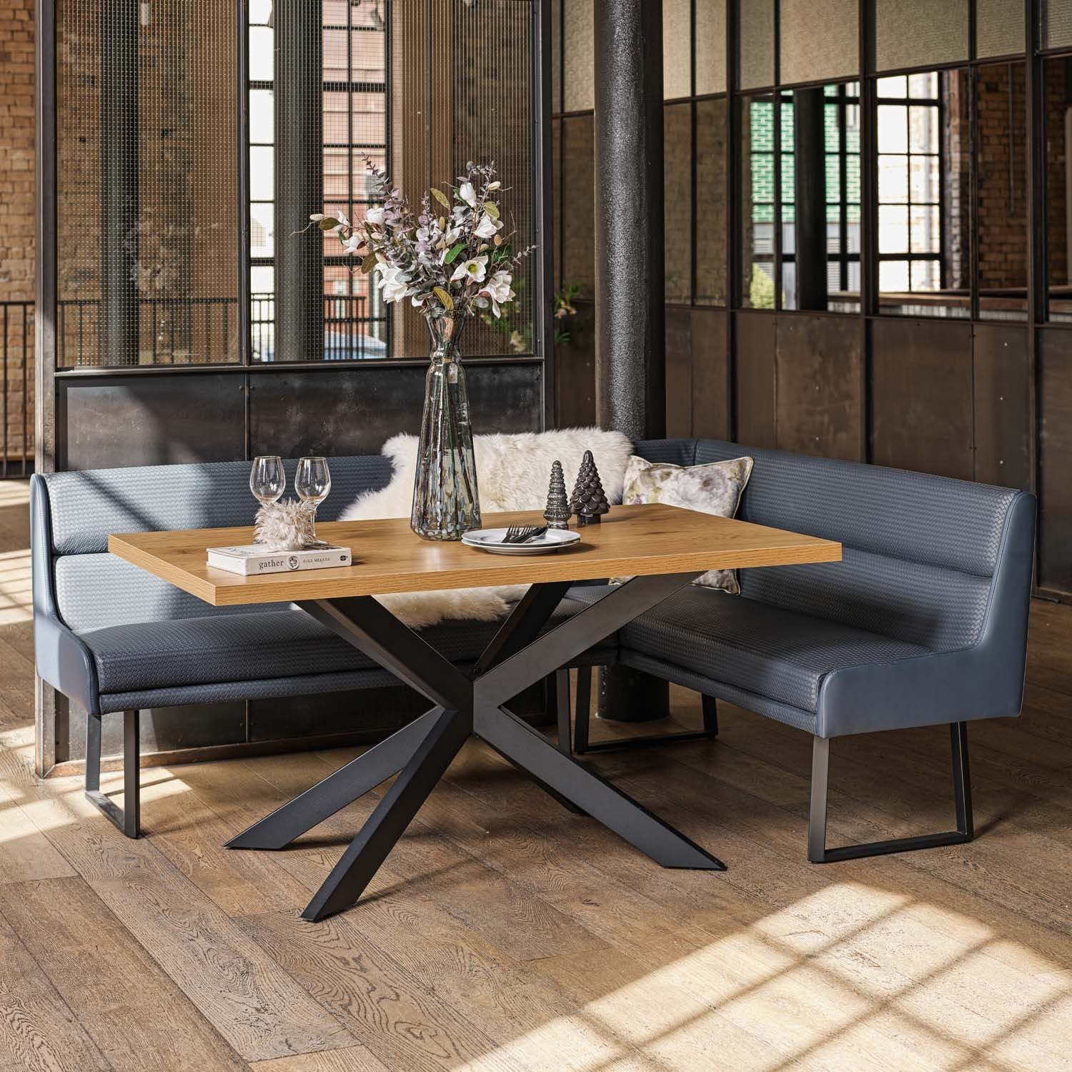 Jupiter Dining Set - Smoked Oak - With LHF Corner Bench & Low Bench in Blue