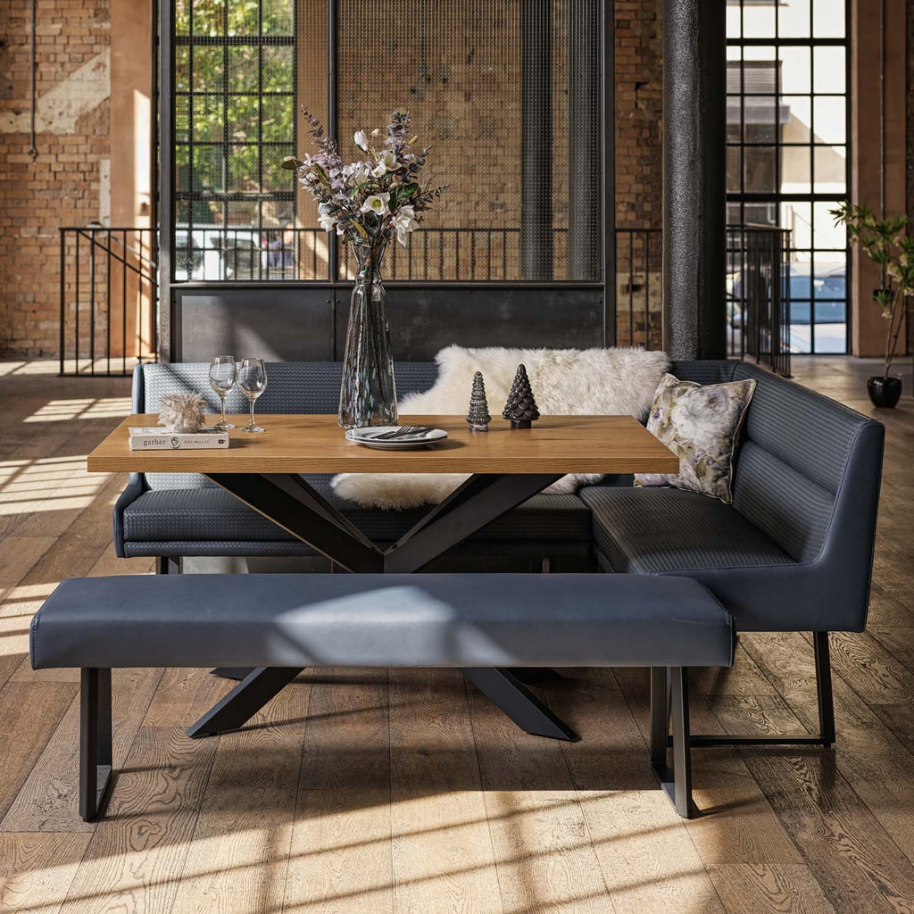 Jupiter Dining Set - Smoked Oak - With LHF Corner Bench & Low Bench in Blue
