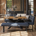 Jupiter Dining Set - Smoked Oak - With LHF Corner Bench & Low Bench in Blue