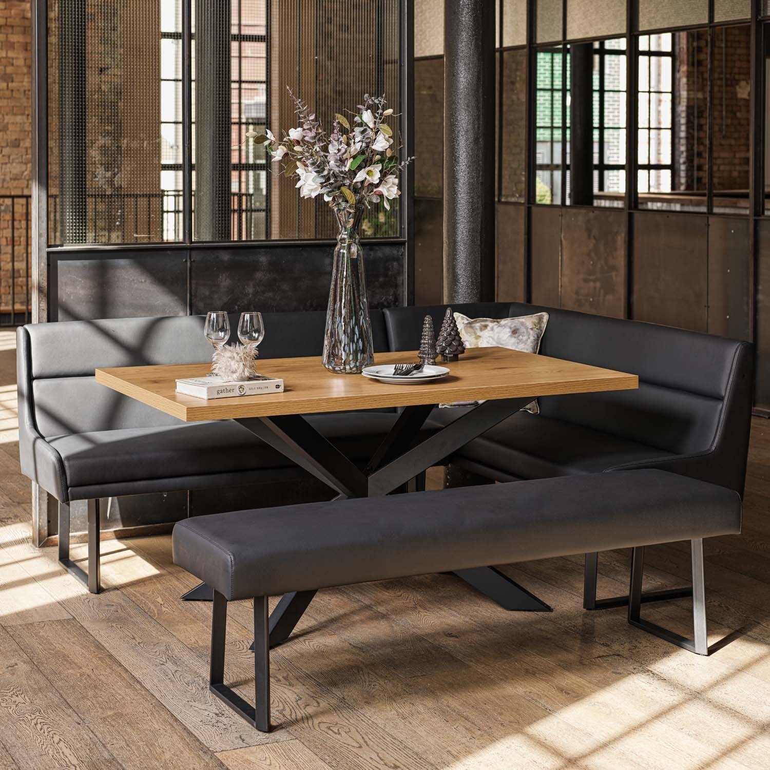 Jupiter Dining Set - Smoked Oak - With LHF Corner Bench & Low Bench in Black