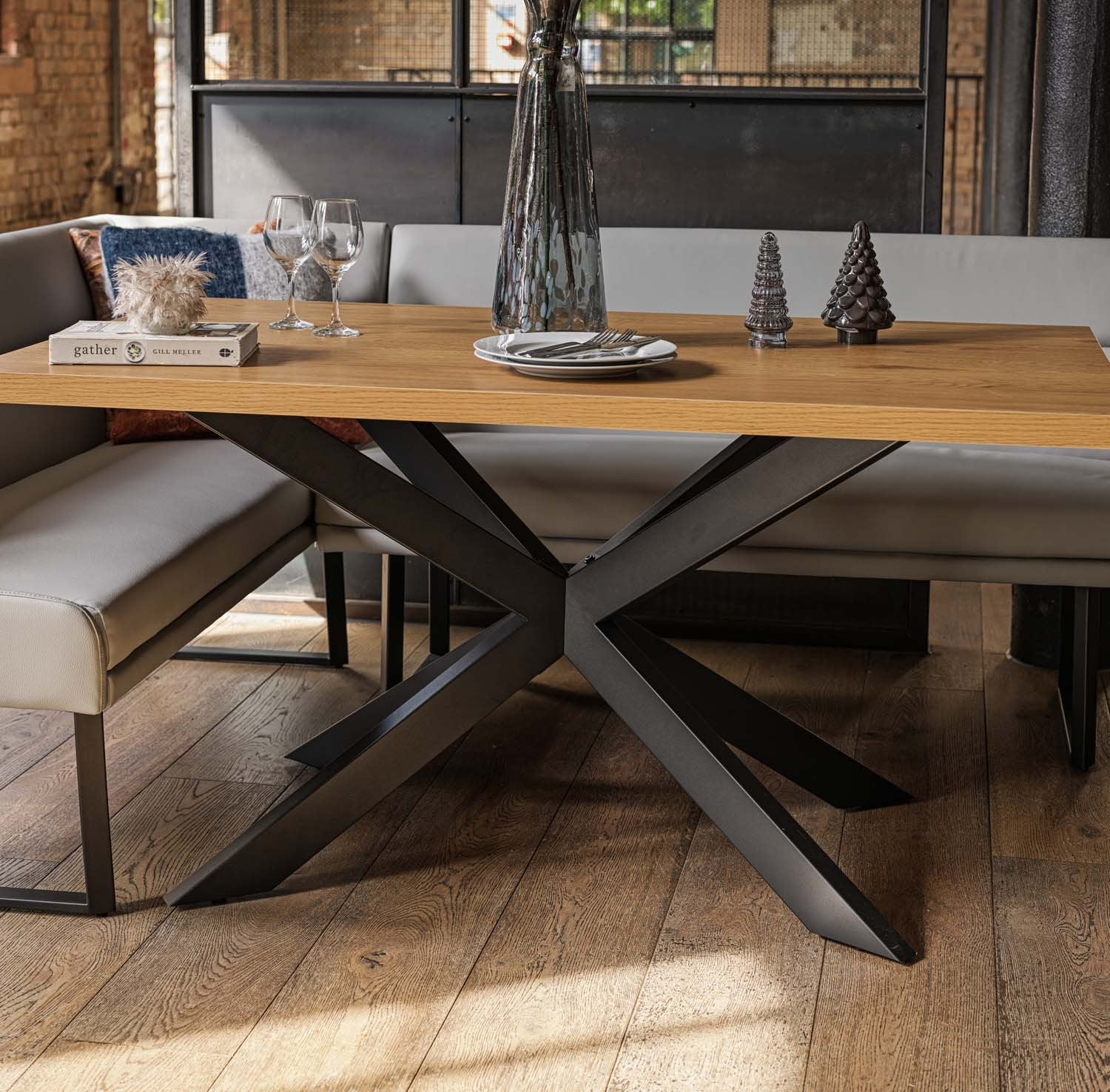 Jupiter Dining Set - Smoked Oak - With LHF Corner Bench & Low Bench in Light Grey