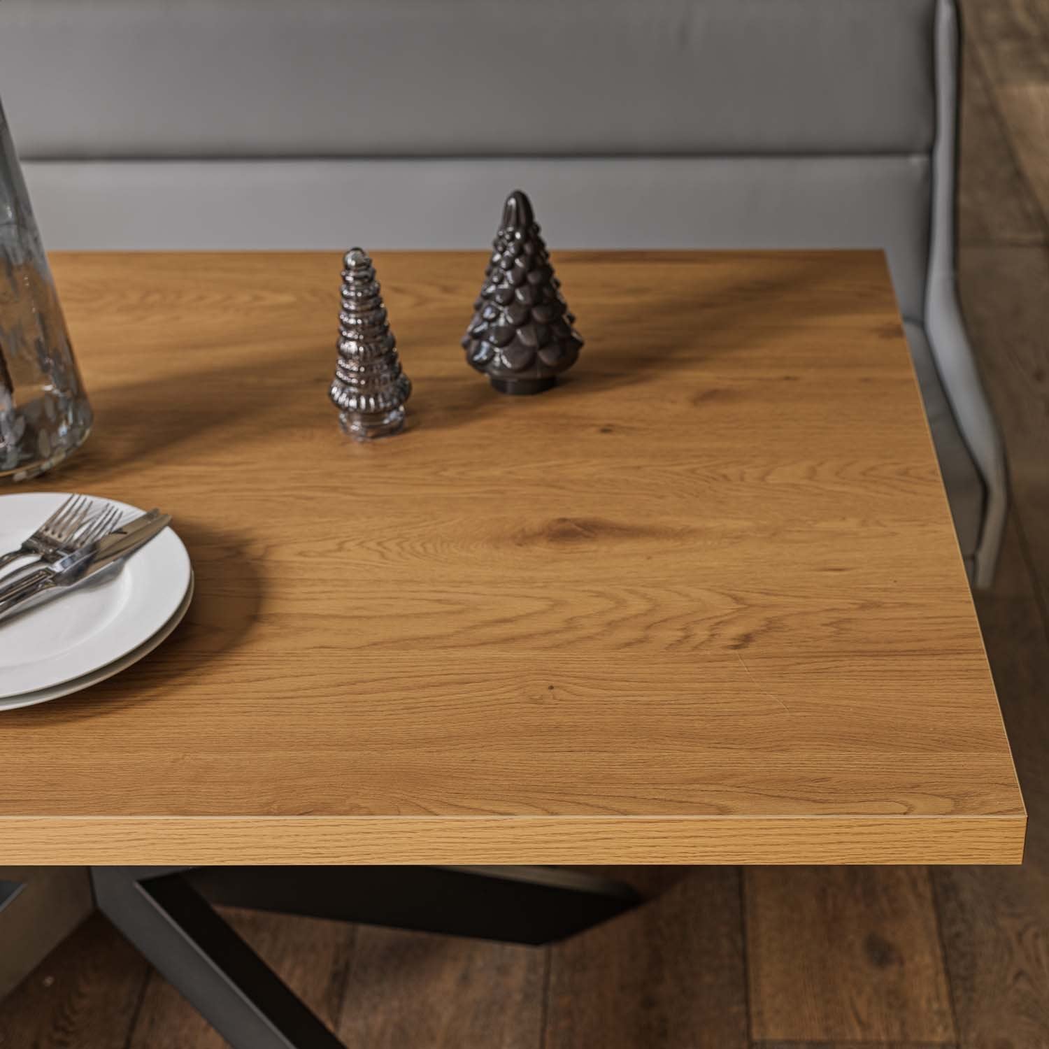 Jupiter Dining Set - Smoked Oak - With LHF Corner Bench & Low Bench in Light Grey