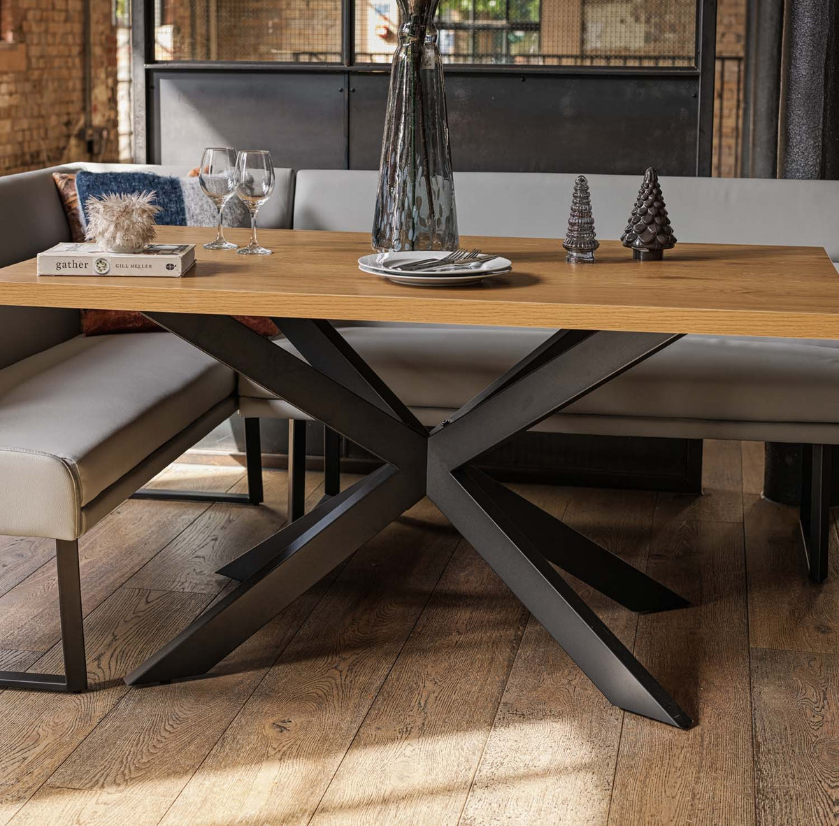 Jupiter Dining Set - Smoked Oak - With RHF Corner Bench in Light Grey